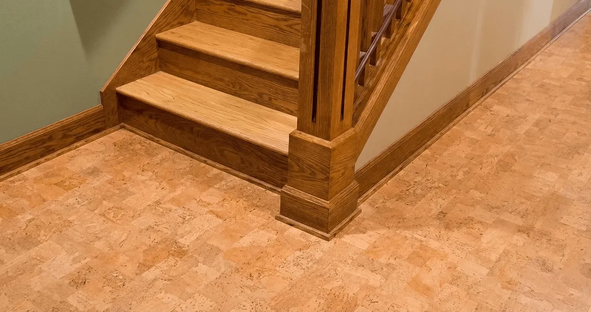 End of a staircase with cork flooring in Pasadena, CA
